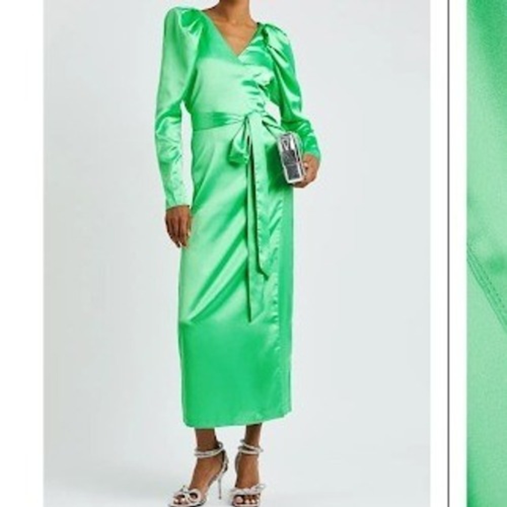 Rotate Birger Christensen Bridgette Satin Wrap Dress Green US 4 EU 36 Maxi NEW